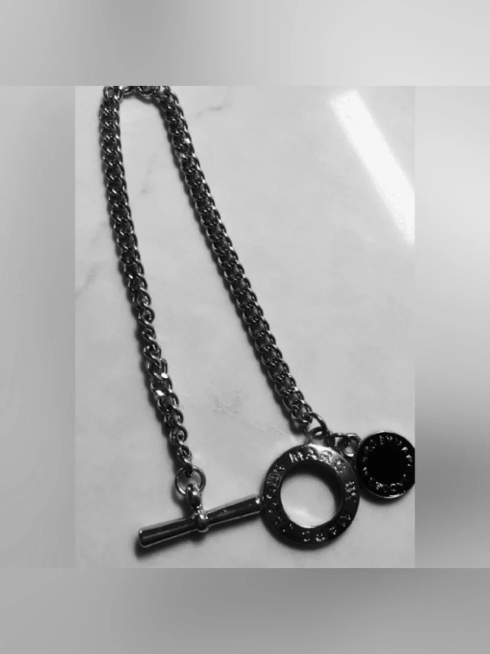 Designer MARC JACOBS Silver w/ Round Black Logo Disc Toggle Chain Bracelet